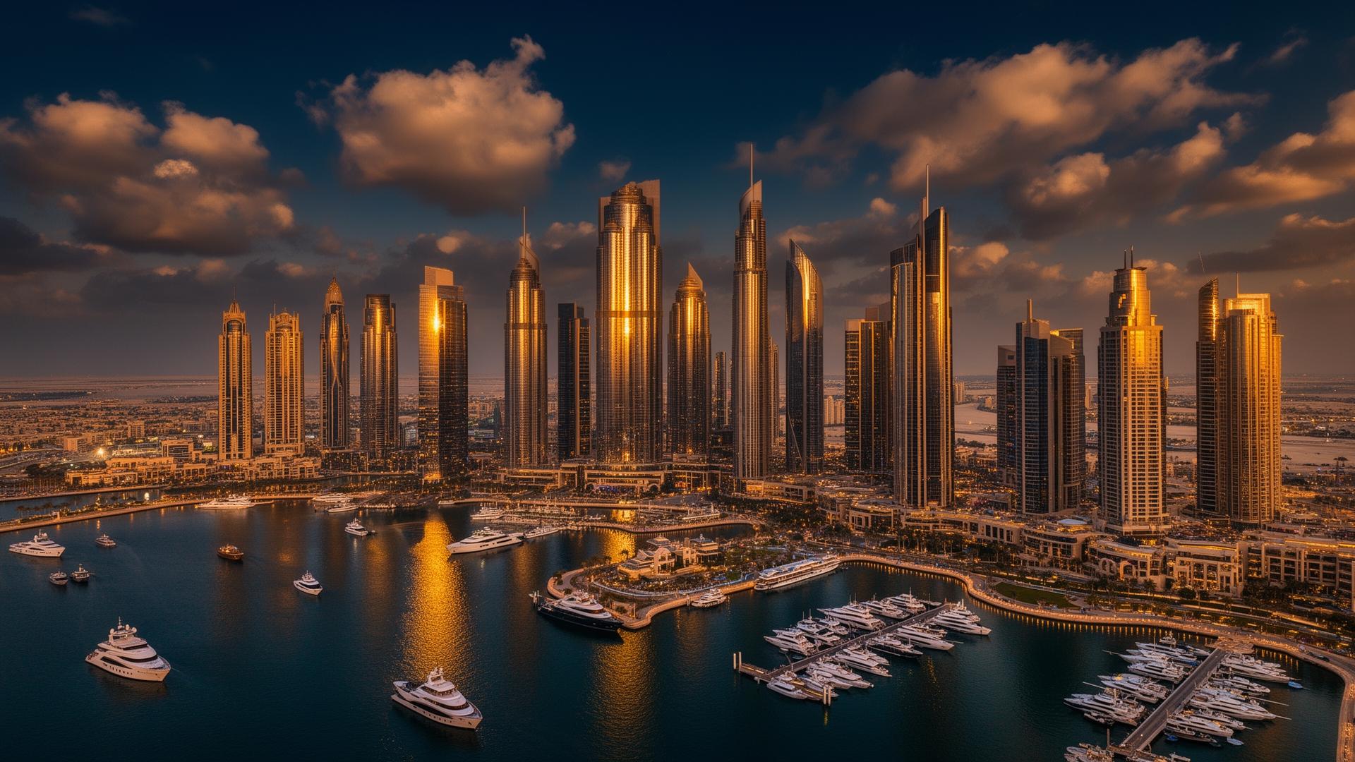 Luxury Dubai skyline at golden hour